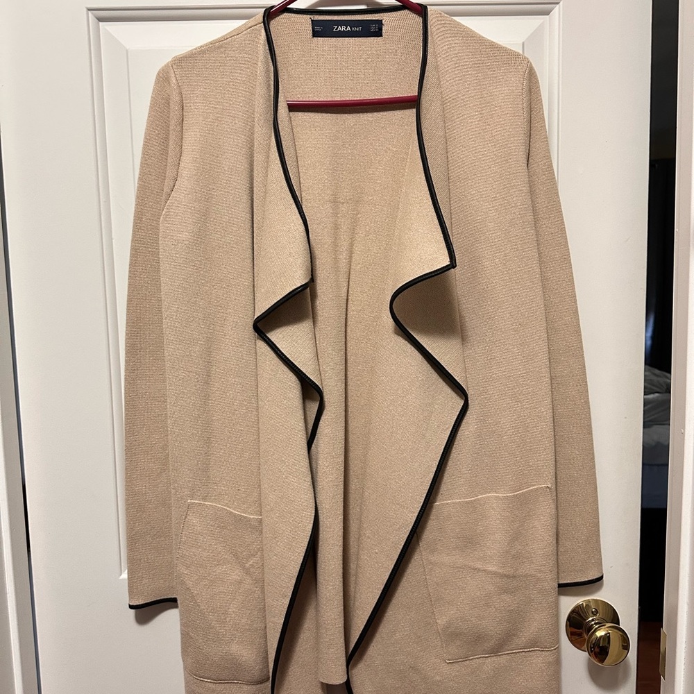 Zara Beige Knit Cardigan with Black Trim